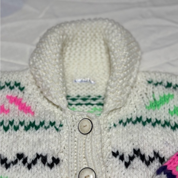 Vintage Cozy Knit Kids Sweater - Cream with Pink and Green Accents - Picture 6 of 9